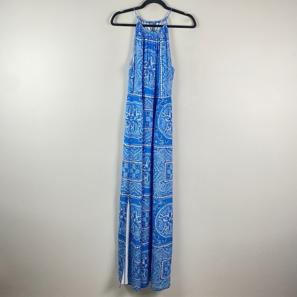Vineyard Vines Sand Dollar Scarf Print Maxi Dress White Blue Womens 12 Side Slit